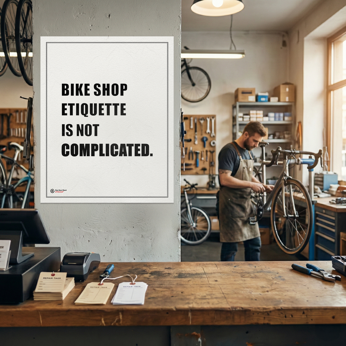 Bike Shop Etiquette Is Not Complicated Poster | Cycling Shop Wall Art | Minimalist Bike Store Decor | Funny Cycling Gift | 16x20 Art Print
