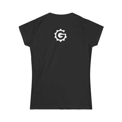Black OGSON women's tee, back view with white gear G logo