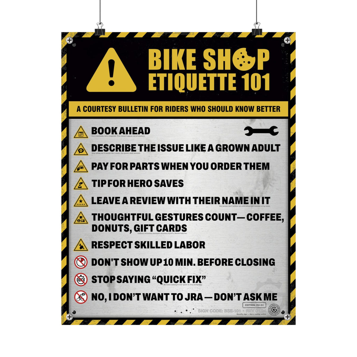 Bike Shop Etiquette 101 Poster | EU Safety Sign Edition (Q1) | Cycling Shop Wall Art | Funny Bike Shop Decor | 16x20